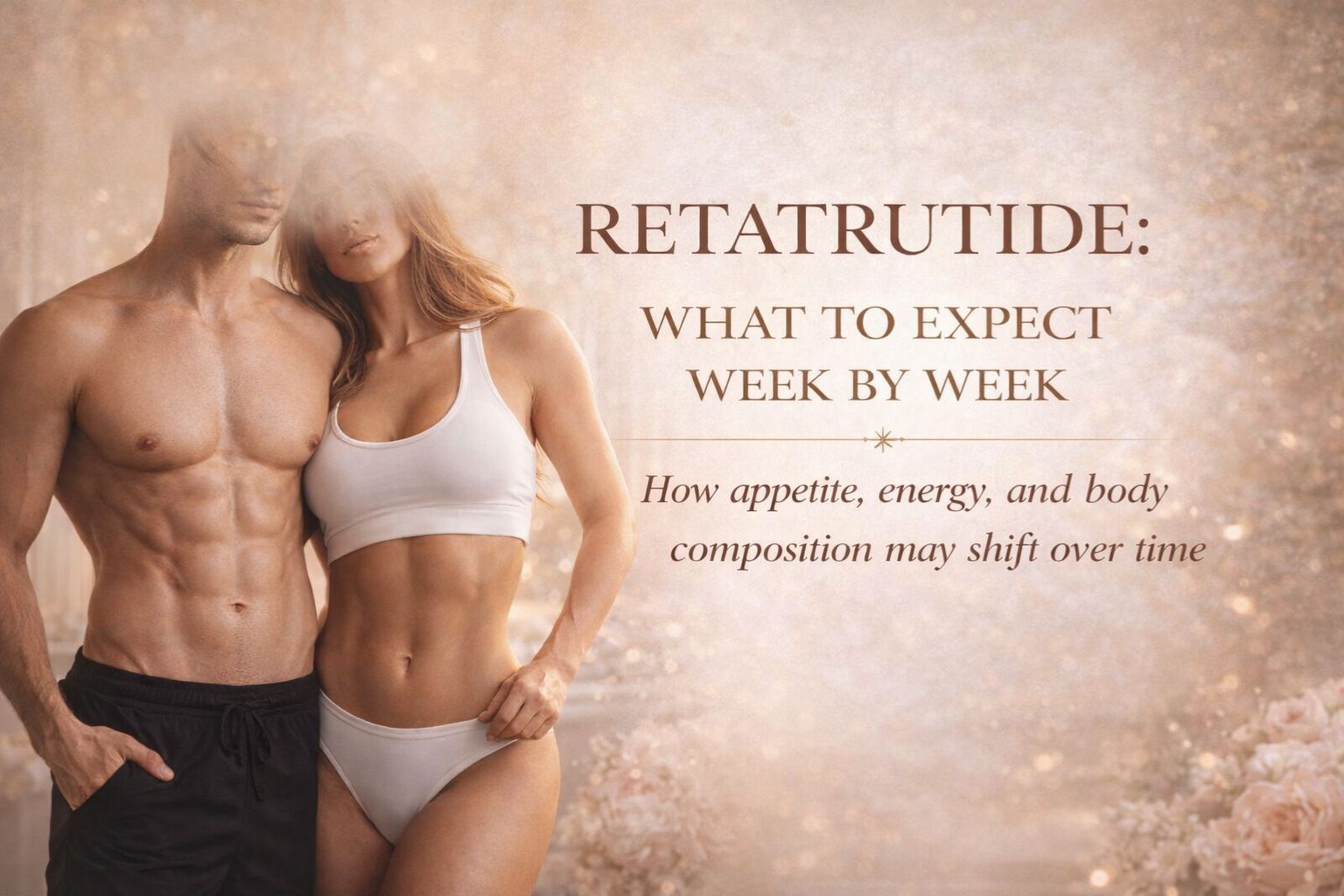Retatrutide week-by-week guide with lean male and female models.