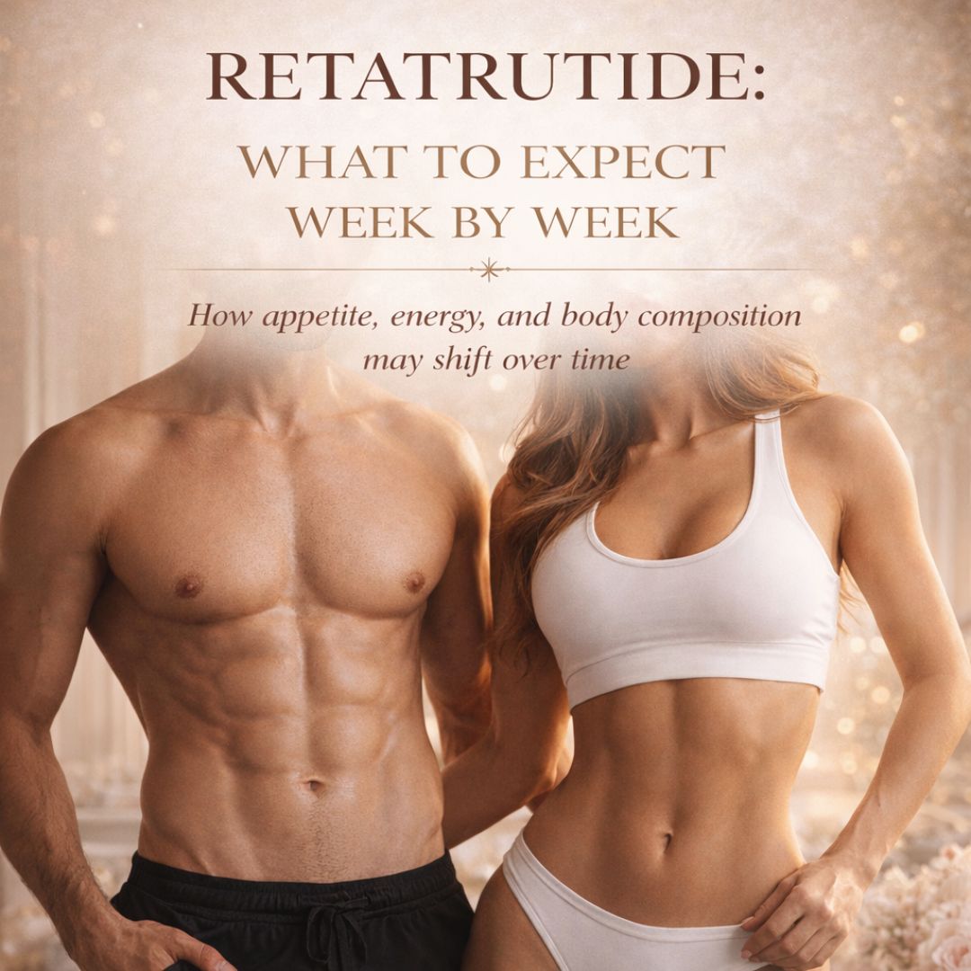 Retatrutide week-by-week guide with lean male and female models.